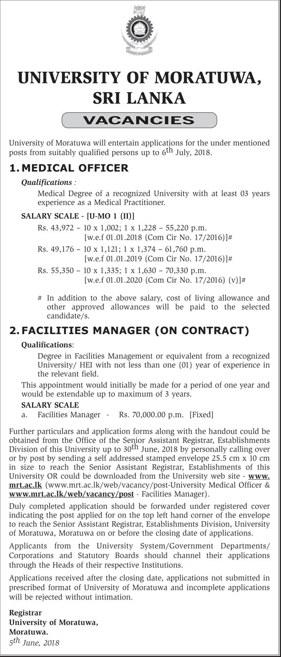 Medical Officer, Facilities Manager - University of Moratuwa